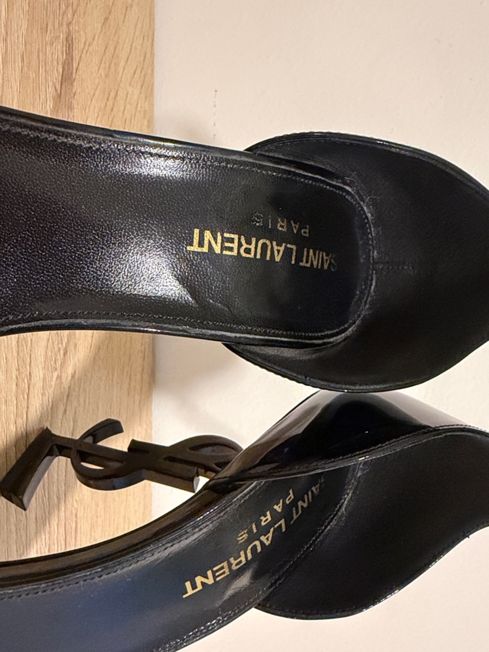 Saint Laurent Black Patent YSL Logo Stiletto Sandals with Ankle Strap - Picture 3 of 6